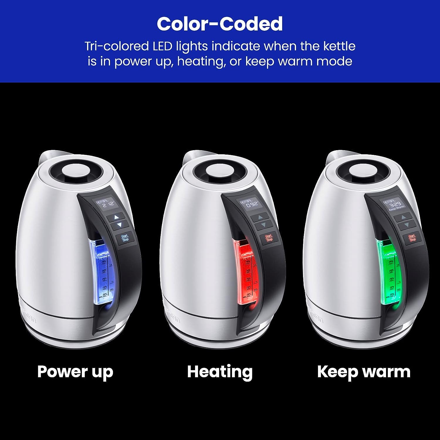 Electric Kettle Temperature Control Glass Hot Water Boiler with 4 Colors  LED Indicator Tea Heater Fast Heating with Keep Warm Function Auto Shut Off