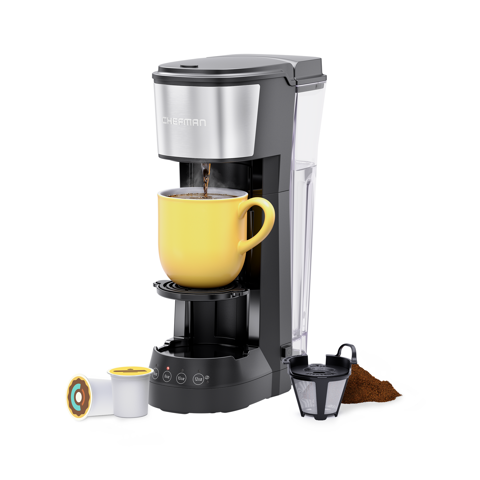 Chefman Insta-Coffee Max Single Serve Coffee Maker w/ Cup Lift, K-Cups or  Grounds, Black 