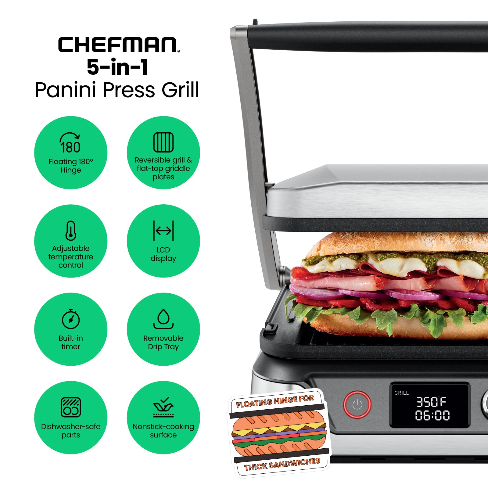Chefman 5-in-1 Digital Panini Press Grill - Thumbnail 4