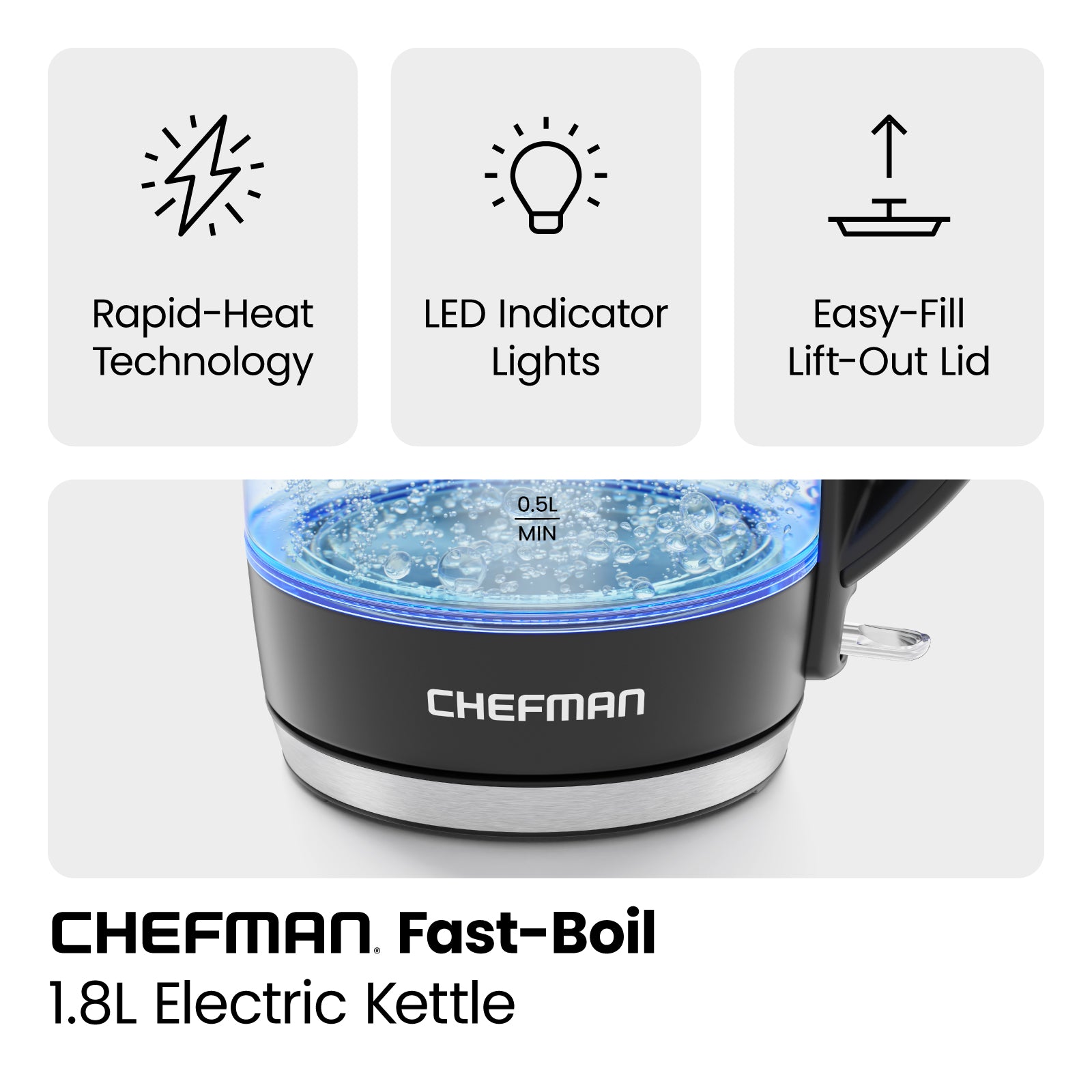 Chefman Electric Kettle, Rapid Boil Water LED Lights, Digital, Stainless  1.8L