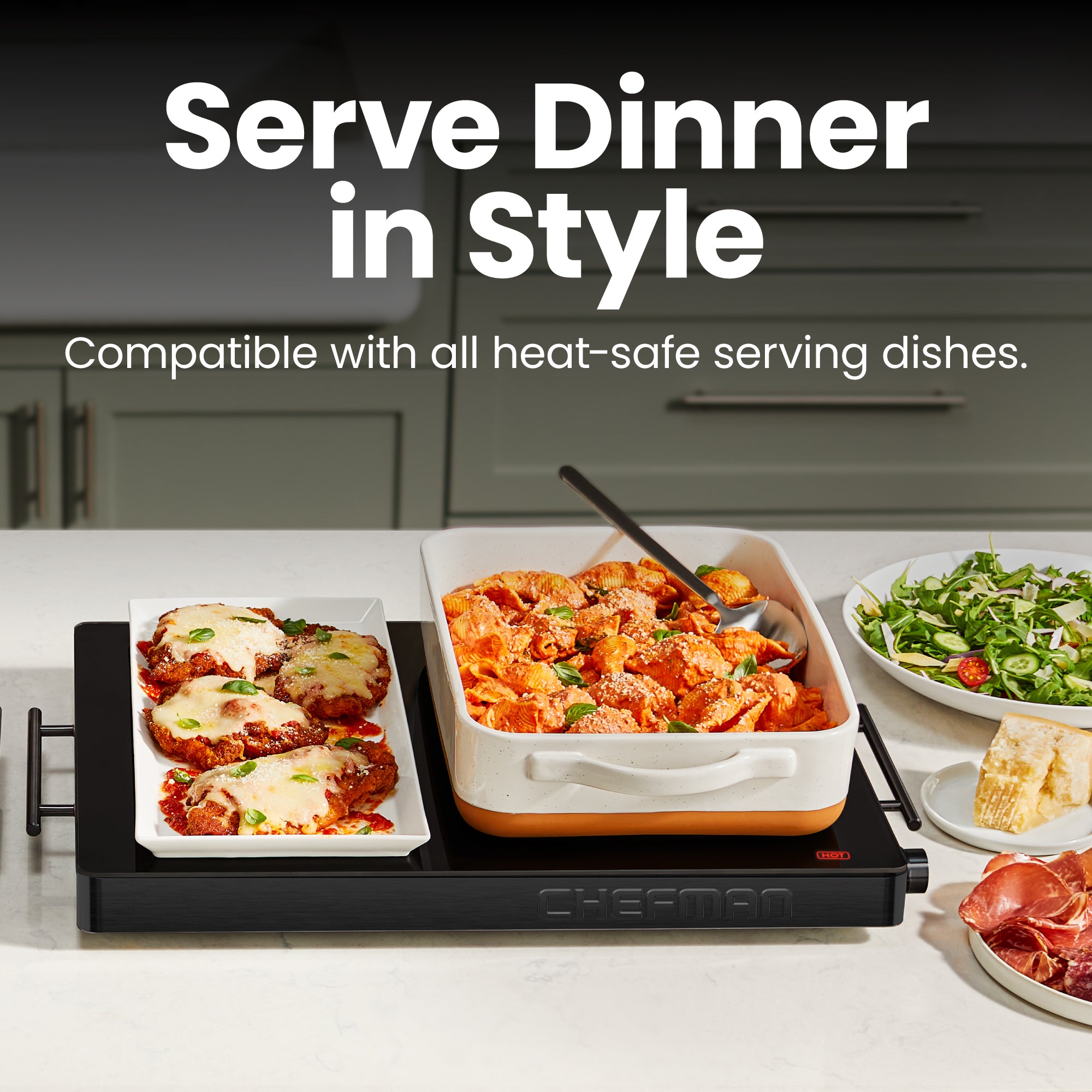 Family-Size Glass-Top Warming Tray - Black
