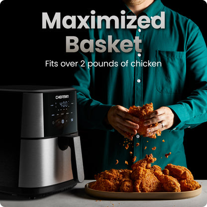 TurboFry 6-Quart Digital Air Fryer, Touch Controls w/ 5 Cooking Functions – Stainless Steel