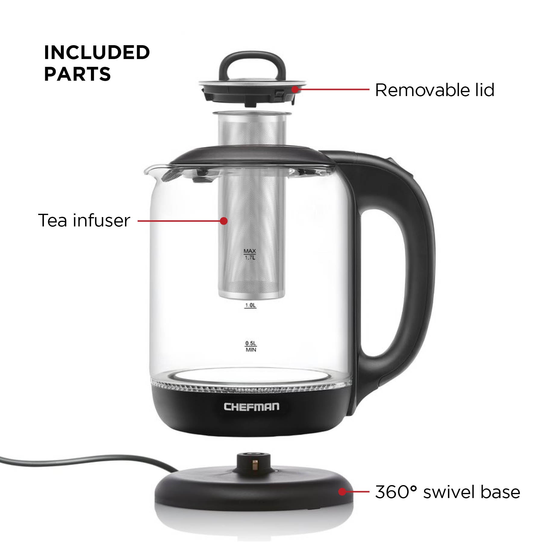 CHEFMAN 1.9 LITER CORDLESS GLASS ELECTRIC KETTLE WITH TEA INFUSER