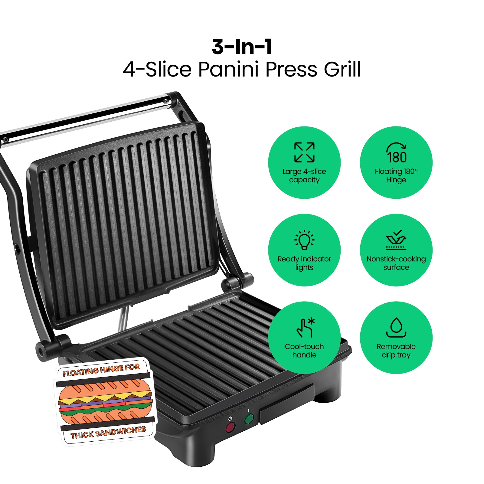 Multifunctional 180° Grill + Panini Press (4Slice) Chefman