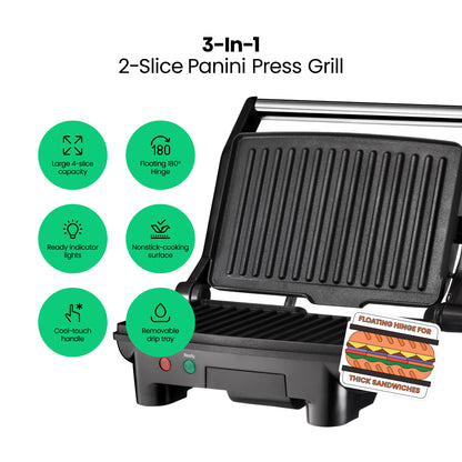 Multifunctional 180° Grill + Panini Press (2-Slice)