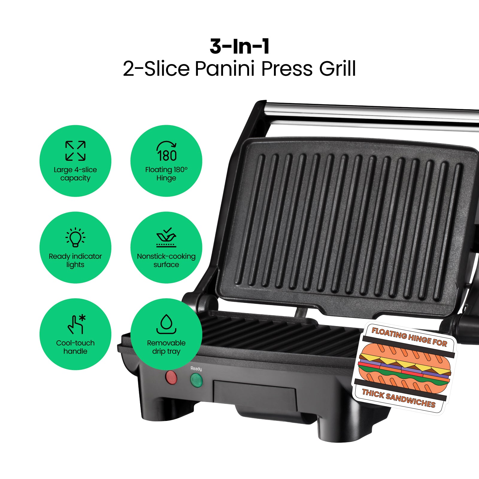 Multifunctional 180° Grill + Panini Press (2-Slice)