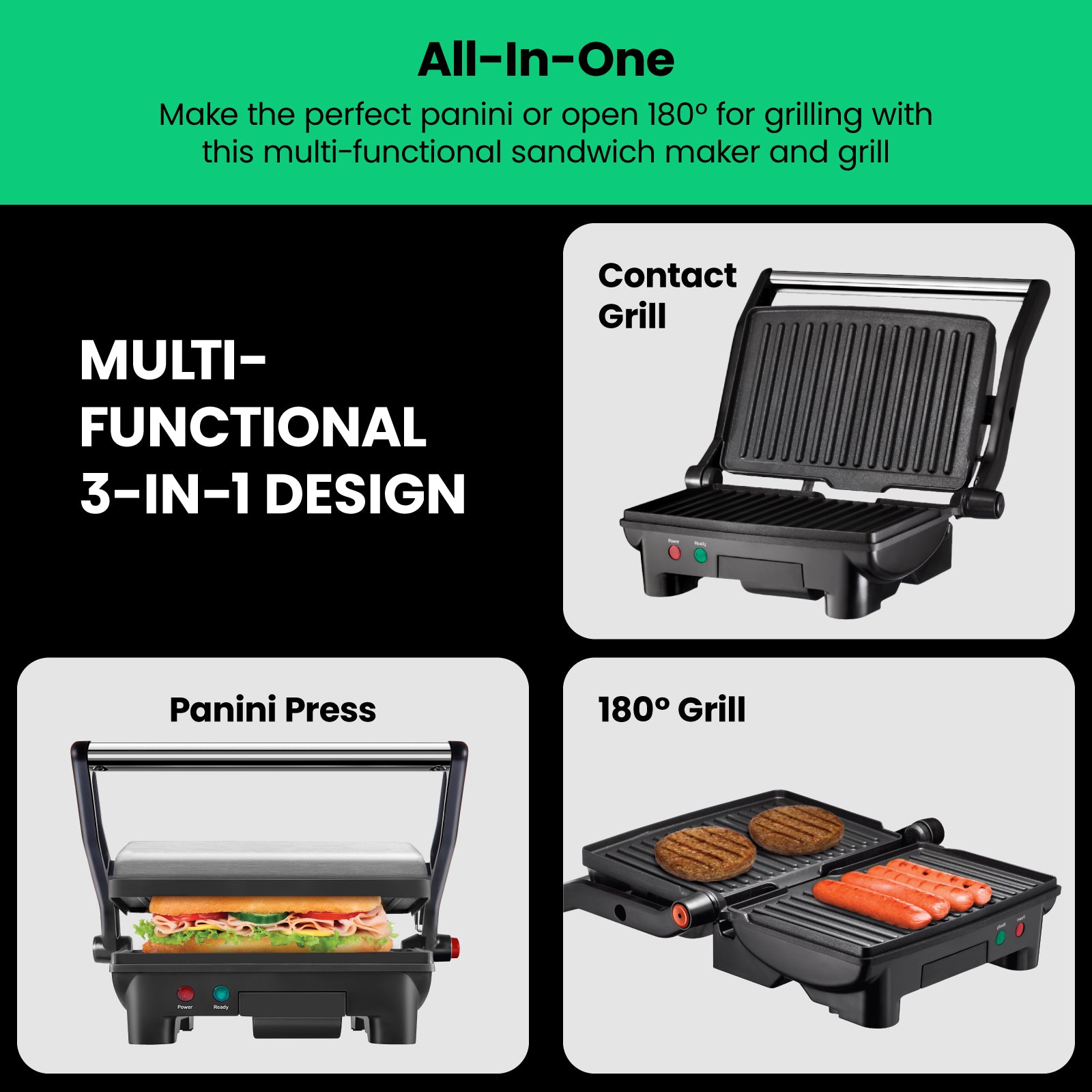 Multifunctional 180° Grill + Panini Press (2-Slice)