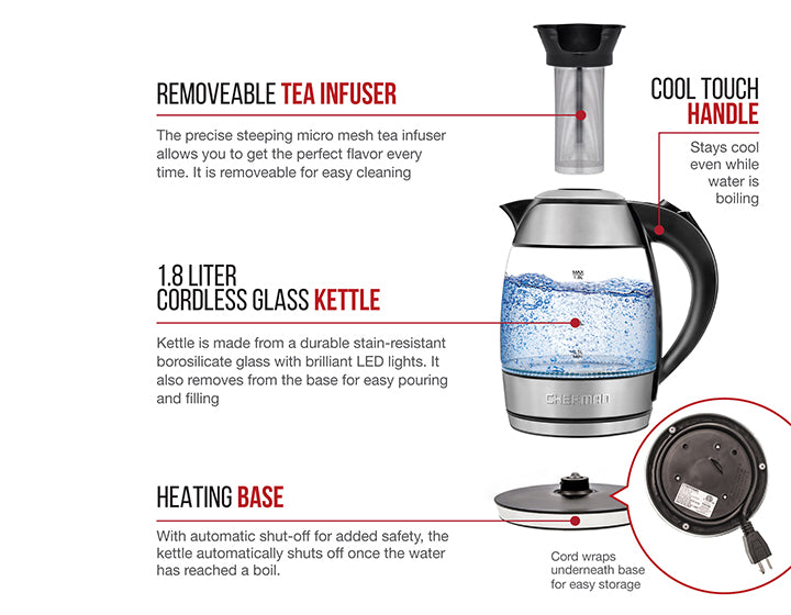 1.8-Liter Cordless Glass Electric Kettle – Chefman